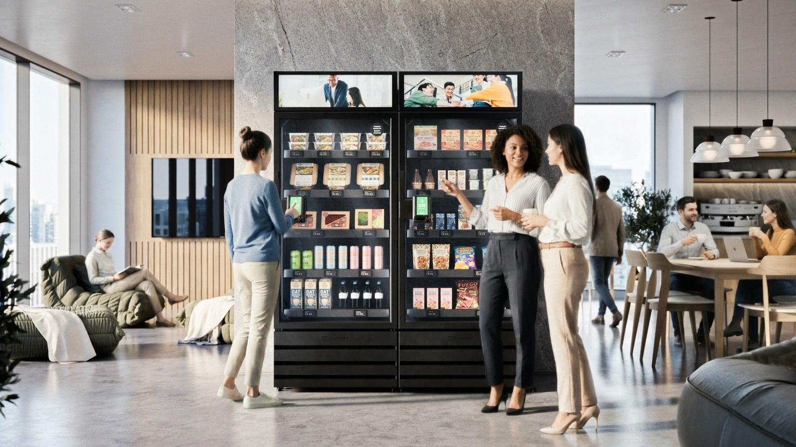 Two Micromart Smart Store cabinets in a modern office lounge