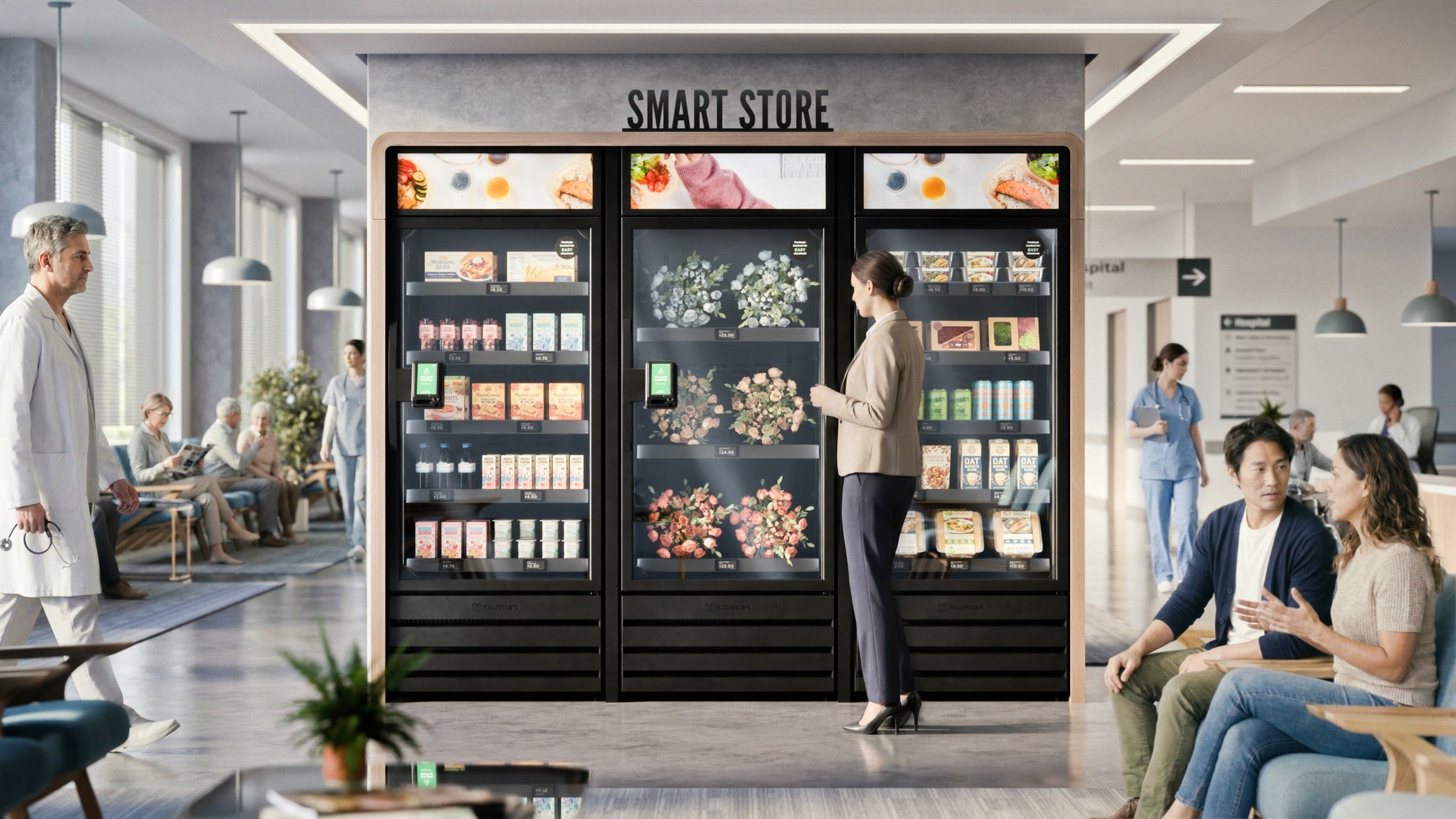 A three-cabinet Micromart Smart Store serving a modern healthcare facility